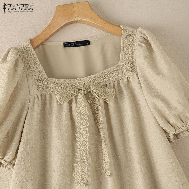 ZANZEA Women Lace Splice Square Collar Casual Short Sleeve Blouse