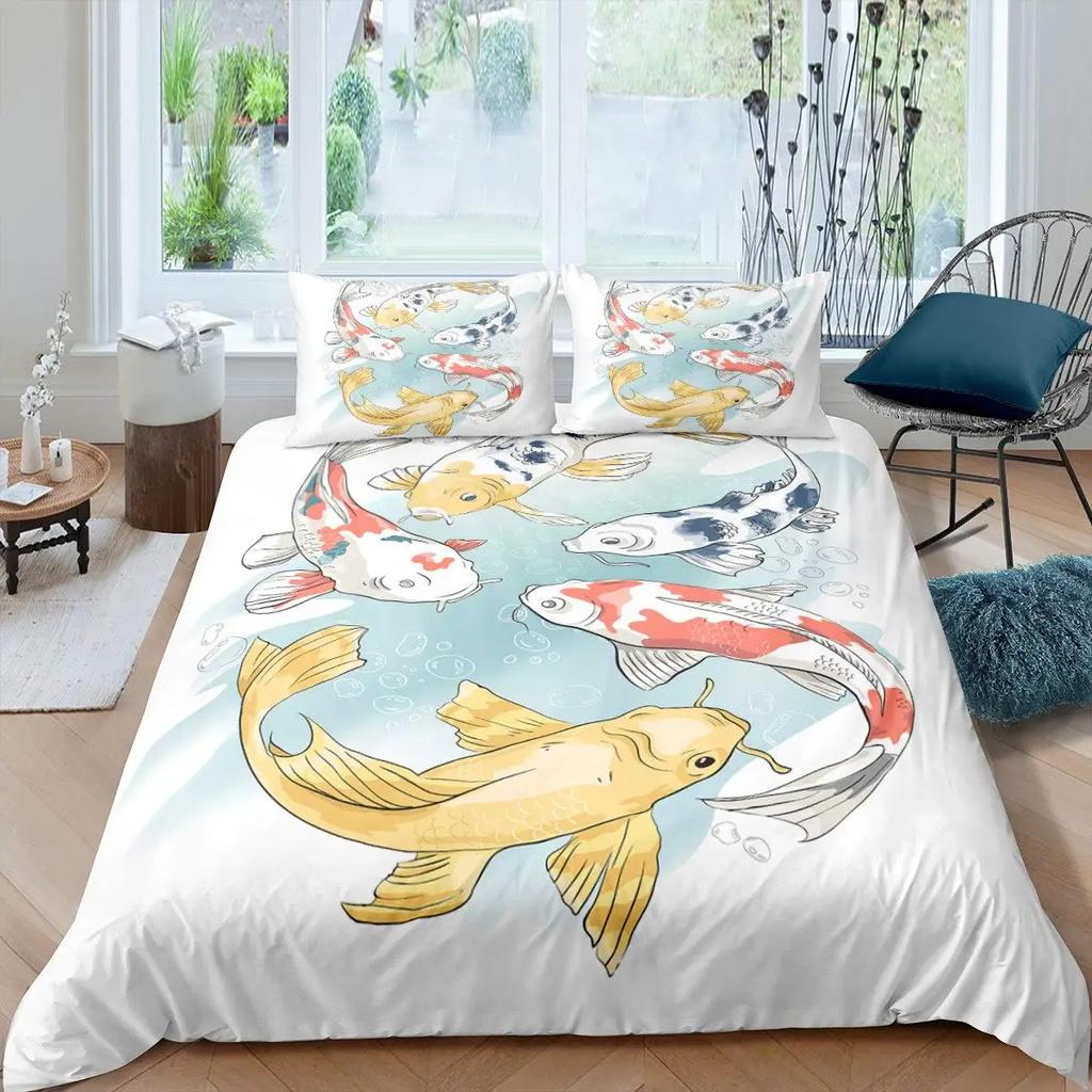 Japanese Ukiyo-E King Queen Duvet Cover Golden Fish Hokusai Bedding Set Crane Wave Quilt Cover Red Sun Polyester Comforter Cover