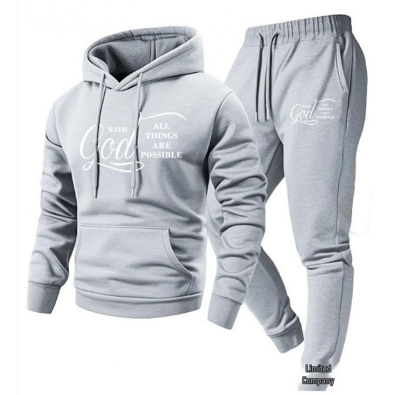 2026 New Style Cross Letter Print Hooded Sweatshirt & Long Pants Men's Y2K Set - European & American Hot Selling