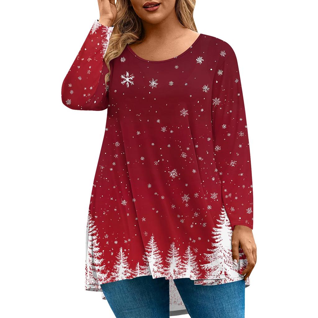Women's Fashion Large Size Round Neck Long Sleeve Casual Christmas Print Loose Pullover Top