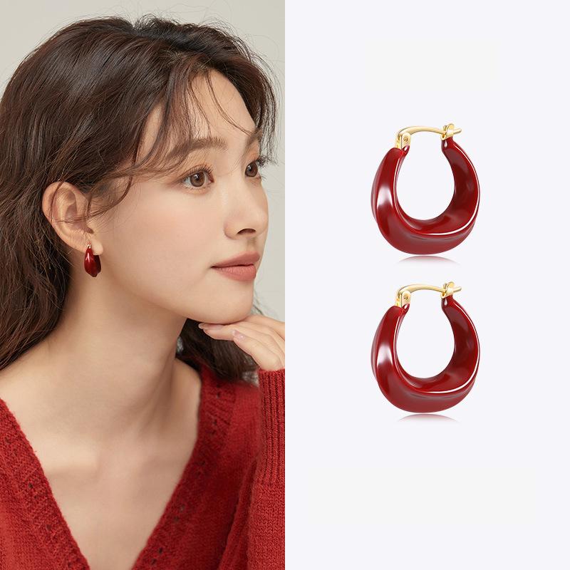 Silver Needle Ankara Red Geometric Stud Earrings Female Korean Ins Fashion Design Earrings High-end Exquisite Earrings