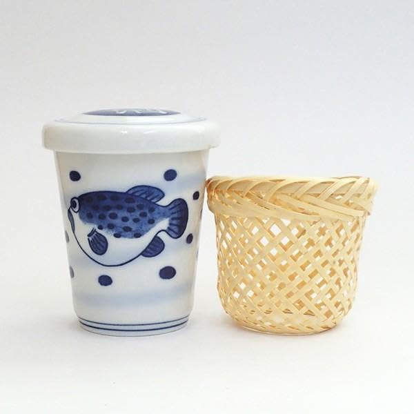 

Mino ware Mino-yaki ceramic cup with bamboo hakama (golden porcelain) for sake and fins.