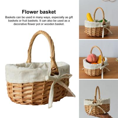 Flower Basket with Handle And Fabric Lining Hand-Woven Great Load Bearing Large Capacity Picnic Camping Basket Easter Gift Wicker Basket Grocery