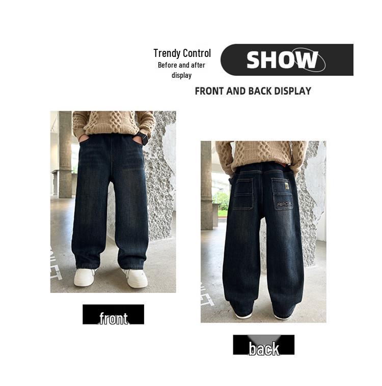 Boys' Fleece-Lined Casual Jeans - Autumn/Winter 2025 Trendy Style for Middle and Big Kids