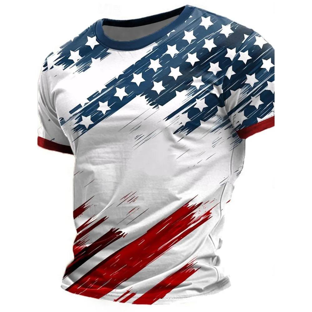 Summer Men's Short Holiday T-shirt Trendy Breathable Top Outdoor Patriotic Soft Round Neck Polyester Top