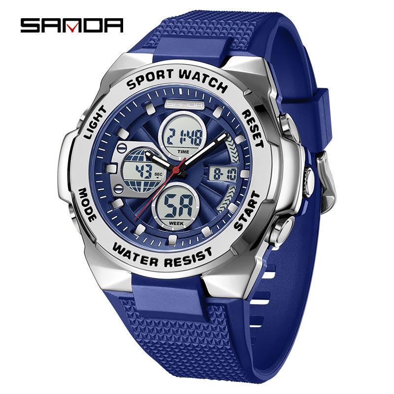 Sanda Men's Trendy Outdoor Sports Watch - Waterproof, Luminous, Multifunctional with Dual Display & Alarm.