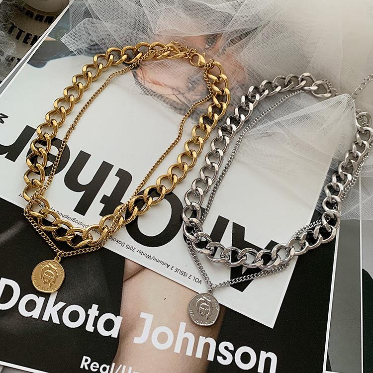 Retro Portrait Exaggerated Double-layer Personality Short Collarbone Thick Chain Necklace