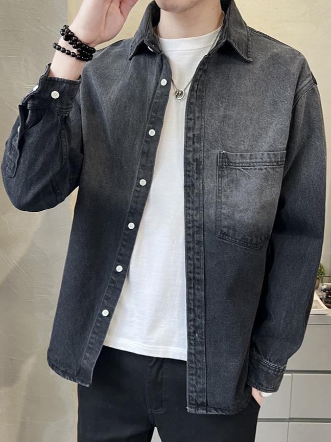 Men's Gradient Denim Shirt: Long Sleeve, Loose-Fit, American Casual Retro Jacket for Spring/Autumn.