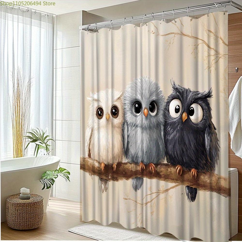 Textile Article White/Grey/Black 1Pc Cute Owl Shower Curtain Bathroom Decor With 3 Colorful Owls (, Black) - High Quality, Machine Washable Bath Cur