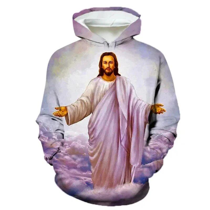 Sacred Heart Couple Hoodie, Men's Autumn Winter Fleece Sweatshirt, Classic Religious Pair Figure Print Pullover for Art Style Photo Shoots