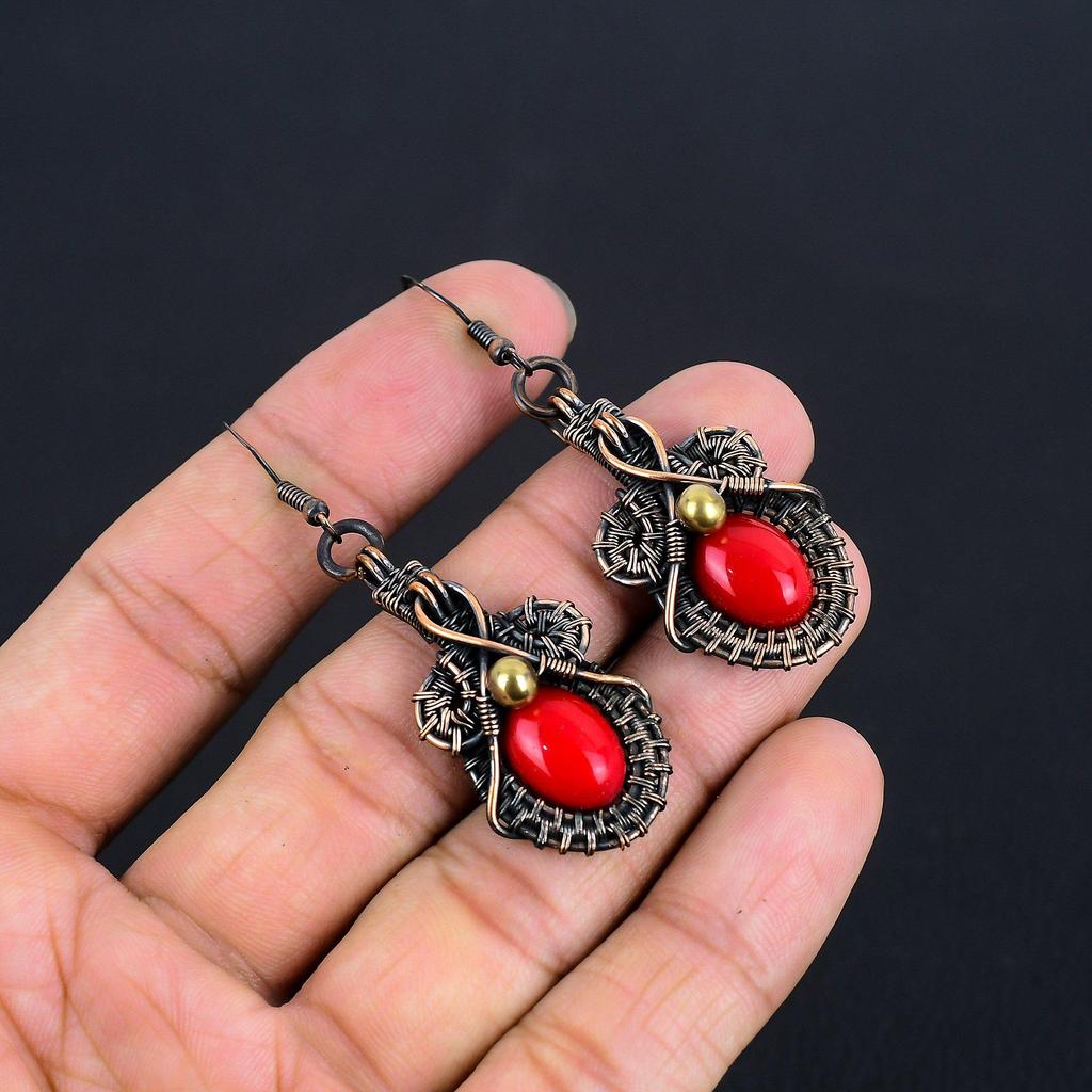 Red Coral Handmade Gemstone Earrings, 999 Copper Wire Wrapped Earrings Antique Jewelry, For Engagement Gift