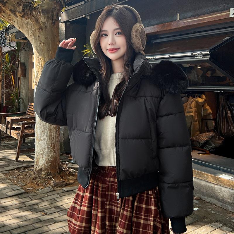 Hooded Cotton-padded Jacket Short Winter Thickened Warm Coat With Fur Collar
