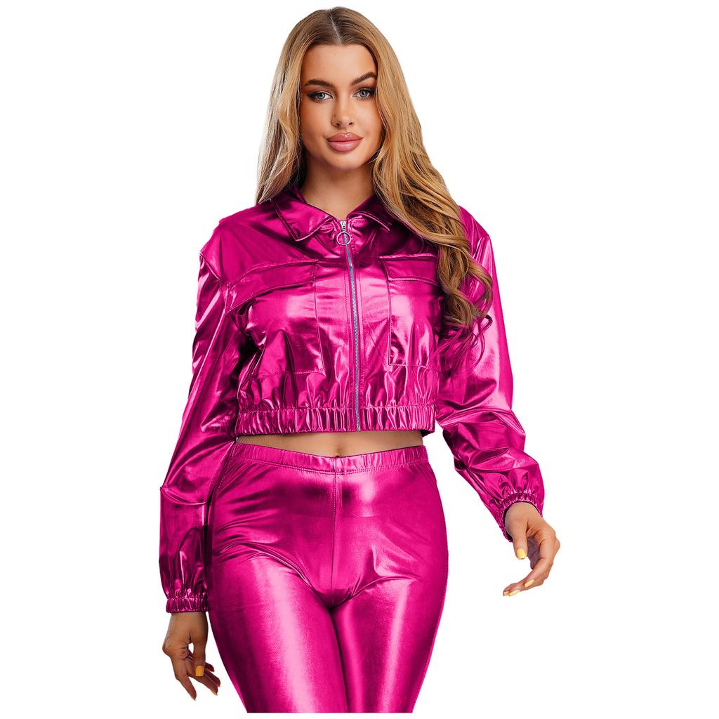 Womens Metallic Shiny Cropped Jacket Lapel Long Sleeve Front Zipper Biker Jacket