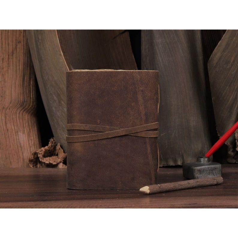 Deník Starožitný, ručně vyrobený, kožený vázaný žurnál s okrajem Papír 7, Hnědý kožený žurnál, Kožený diář - Zápisník