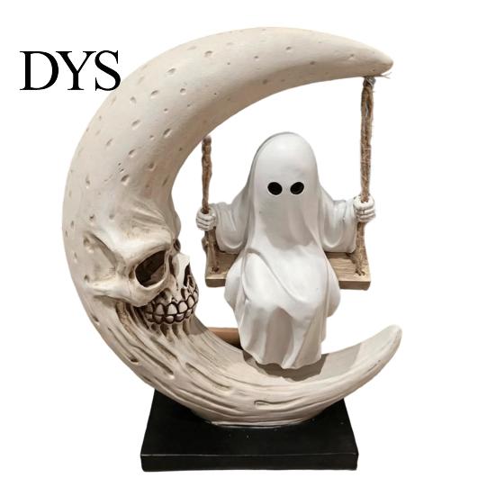Gepersonaliseerd Verjaardagscadeau Halloween Geest Schommel Beeldje, Spookachtig op Een Maan Beeld, Donkere Esthetiek Cadeau Hars Gotische Woondecoratie voor