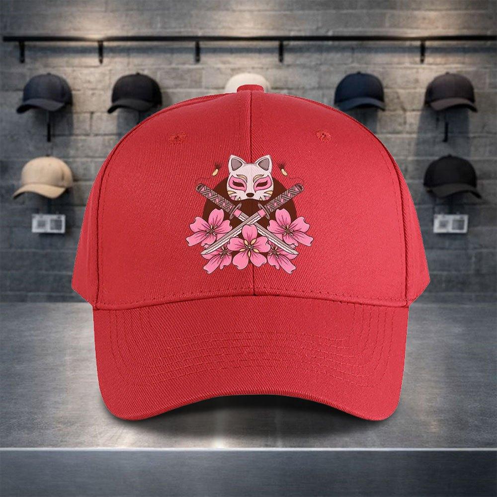 Kitsune Fox Mask Katana Cherry Blossom Baseball Cap Unisex Polyester Casual Adjustable Outdoor Hat