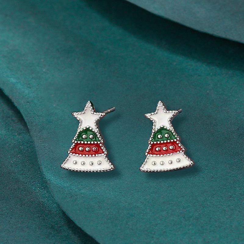 European & American Christmas-Themed Red Enamel Reindeer Santa Claus Stud Earrings for Women
