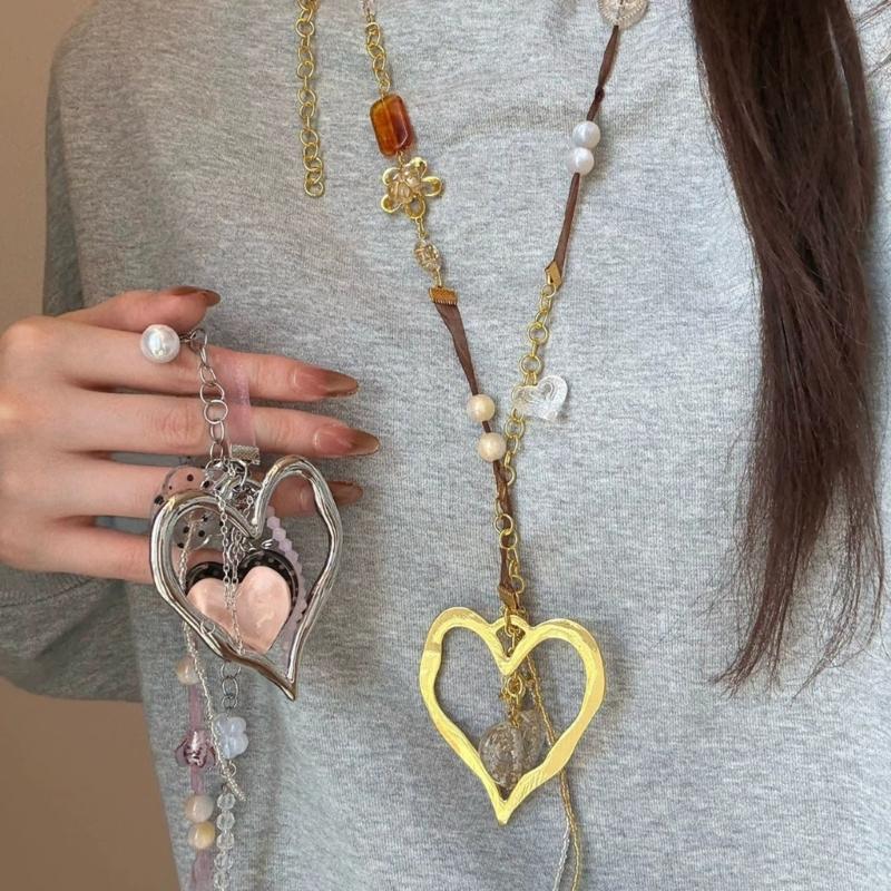 Artistic Gold Tone Heart Ethnic Necklace Long Layering Chain Winter Accessory For Sweaters And Coats Alloy Jewelry