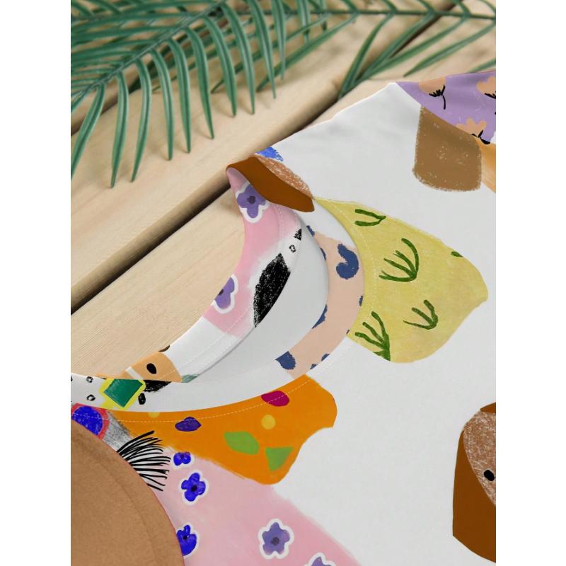 T-shirt décontracté à manches courtes et col rond pour femme avec imprimé chien cartoon