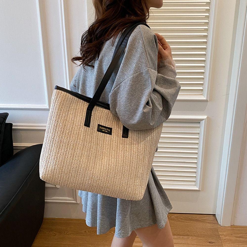

Summer Straw Shoulder Bag Leisure Tote Bag Trendy Weave Straw Bag for Women бежевий