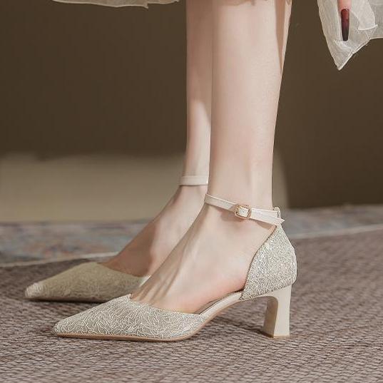 

Original intention~ French one-word buckle high heels thick heel pointed head light color hollow fairy style single shoes women s heel summer 40 абрикосовый