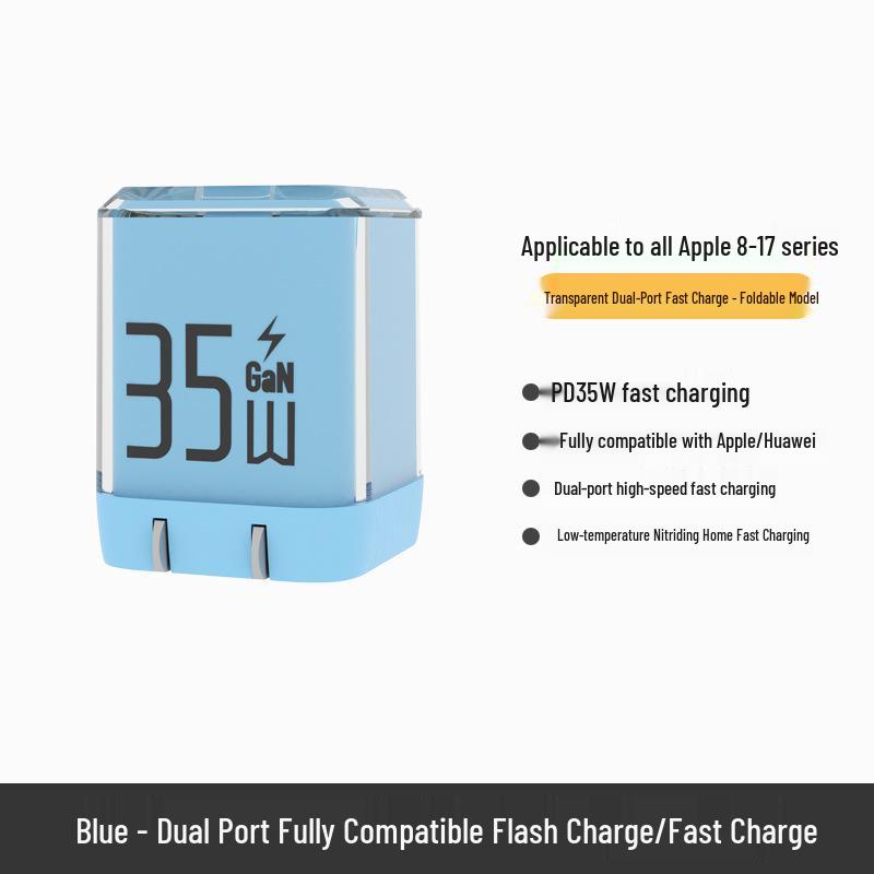 35W Gallium Nitride Foldable Dual Port Charger for iPhone 16: Compact Ice Cube Design