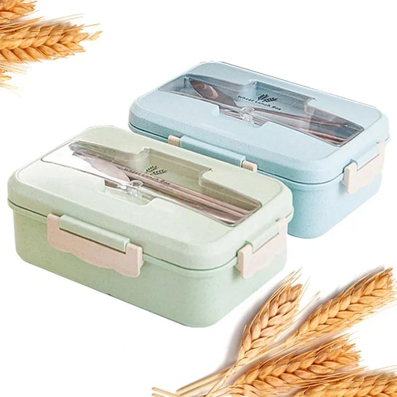 Square Lunch Box with Compartment, Wheat Straw Material, Leak - Proof, Japanese Style for Kids Student Food Container