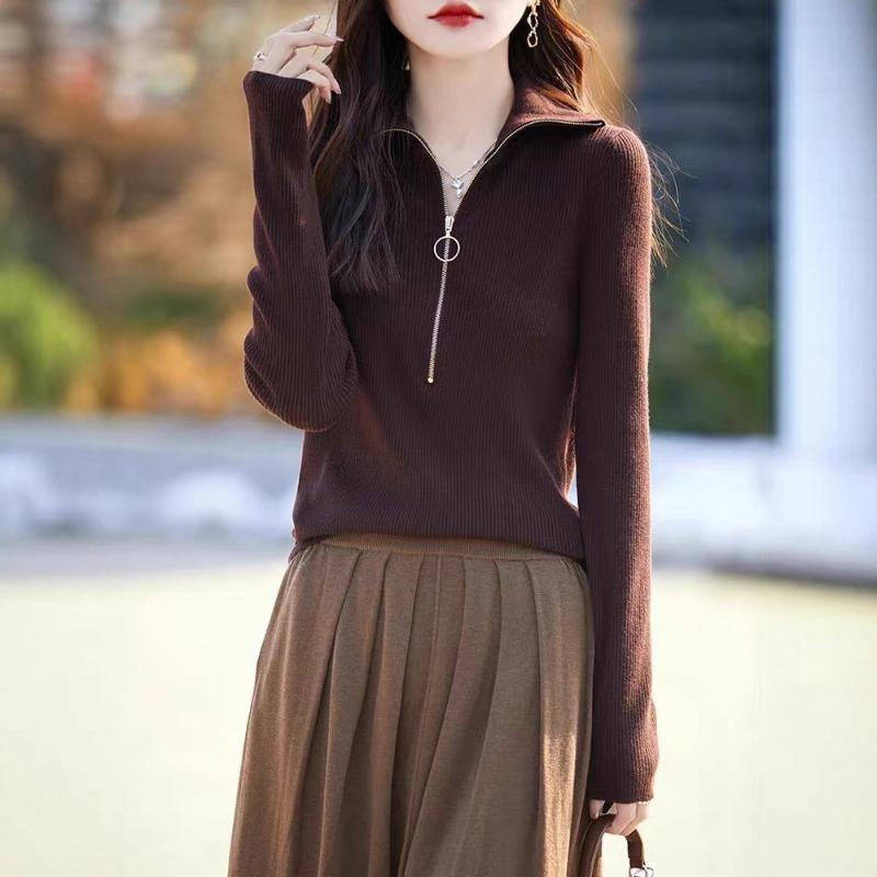 Spring New Worsted Wool Turtleneck Knitted Sweater Semi-zipper Solid Color Pit Strip Pullover Bottoming Shirt Top