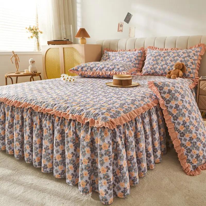 3pcs Floral Pattern Cotton Bed Skirt Seasonal Universal Thick Bed Sheets Ruffle Edge Skirt Hem Anti Slip Dustproof Bedspread