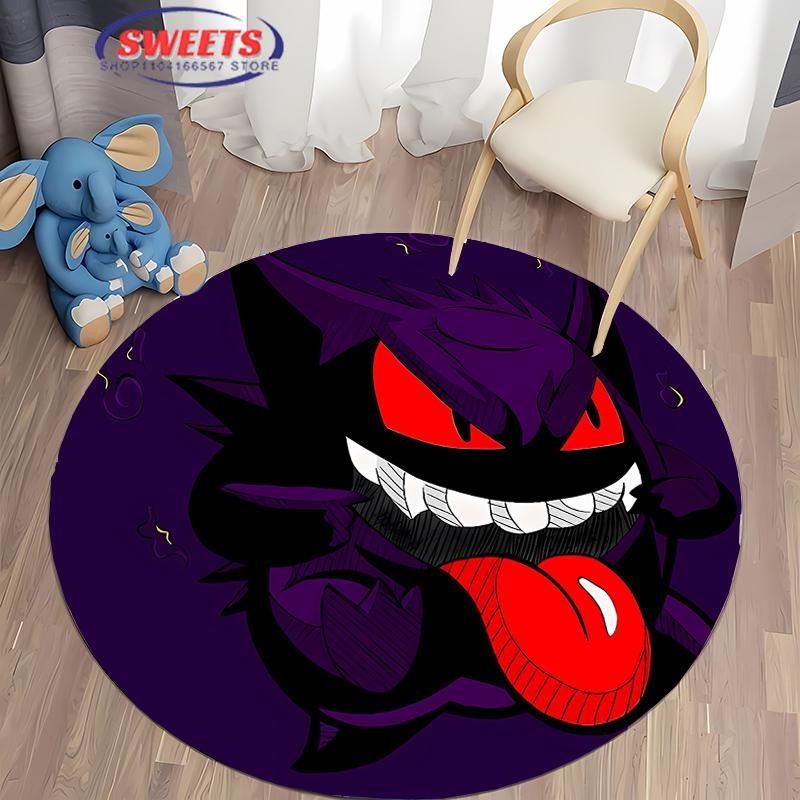 Pokemon Gengar Druck Runder Teppich, Kinderzimmer Bodenmatte Rutschfest Wohnzimmerteppich, Waschbarer Teppich für Heimdeko Geschenk Potdemiel