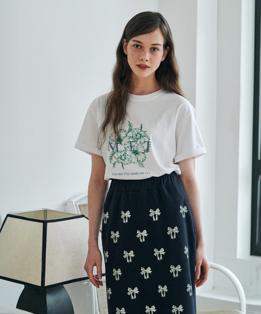 Metapeo Met Ribbon Print Elastic Waist Long Skirt Navy & Ivory
