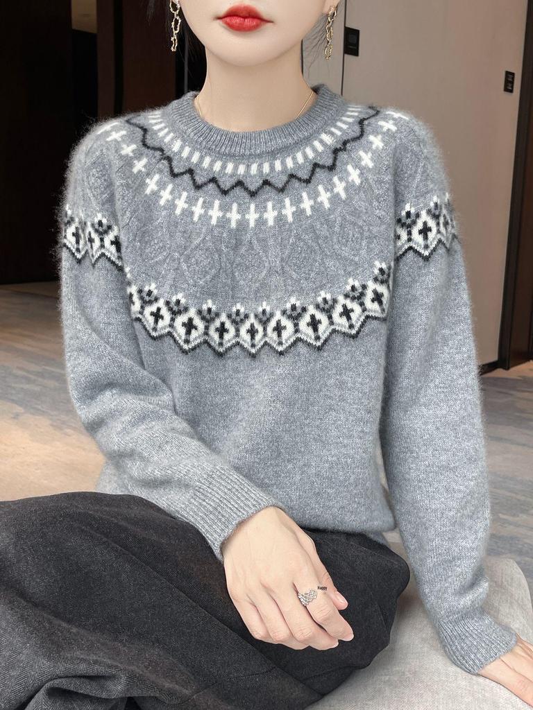 Women's Fair Isle Wind Sweater - 100% Australian Wool, Loose Round Neck Retro Jacquard Pullover