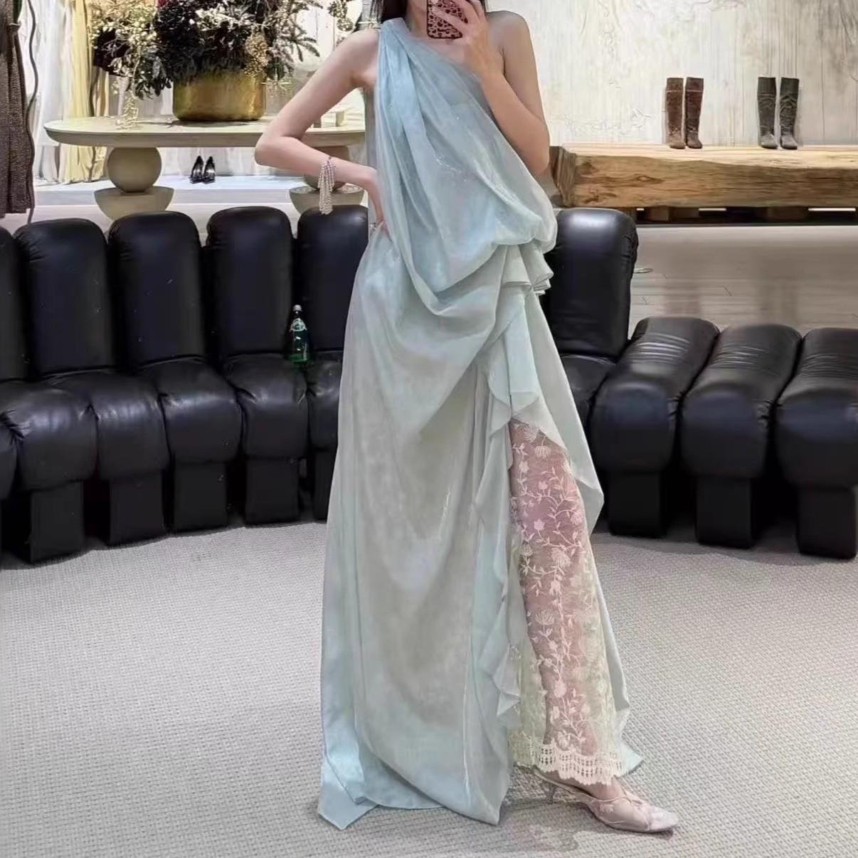 

2026 Spring/Summer Off-the-Shoulder Pleated Lace Dress Large світло-зелений колір