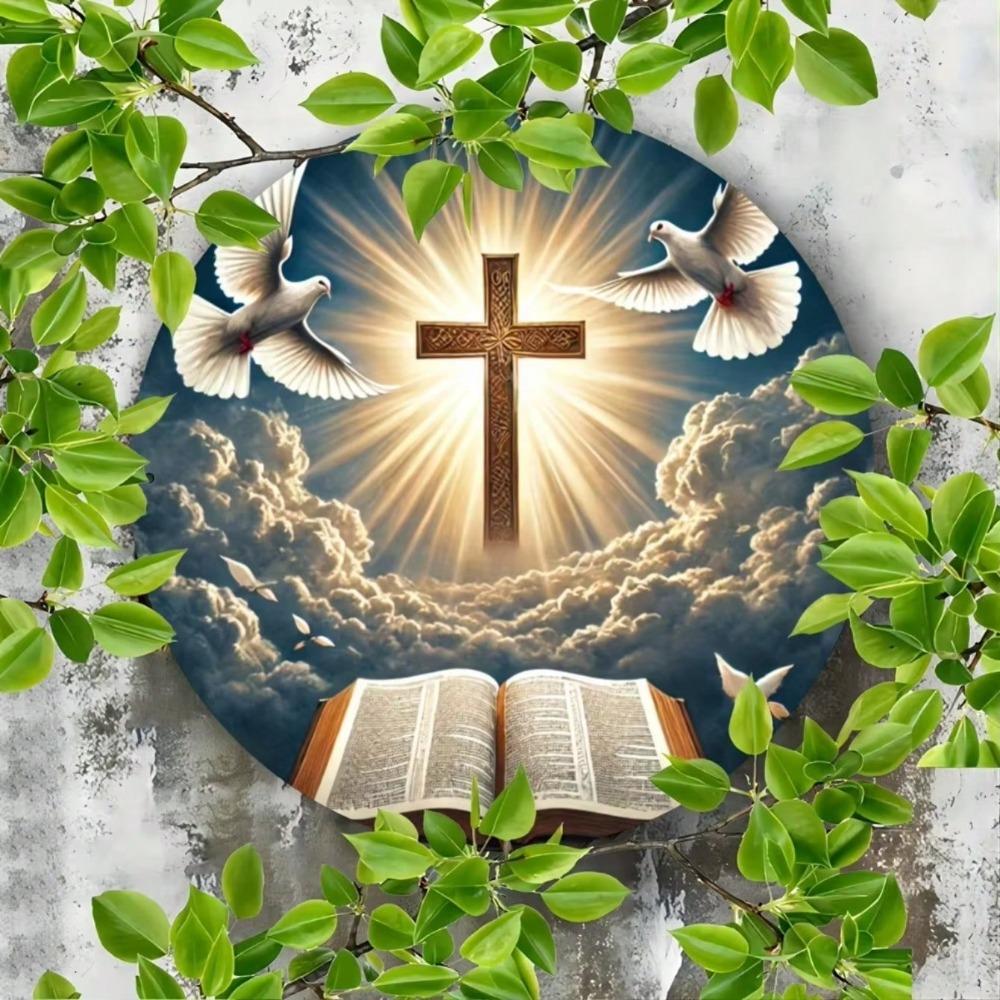 2D Round Metal Sign Christian Cross Bible Religious Home Decor Wall Art Sculpture