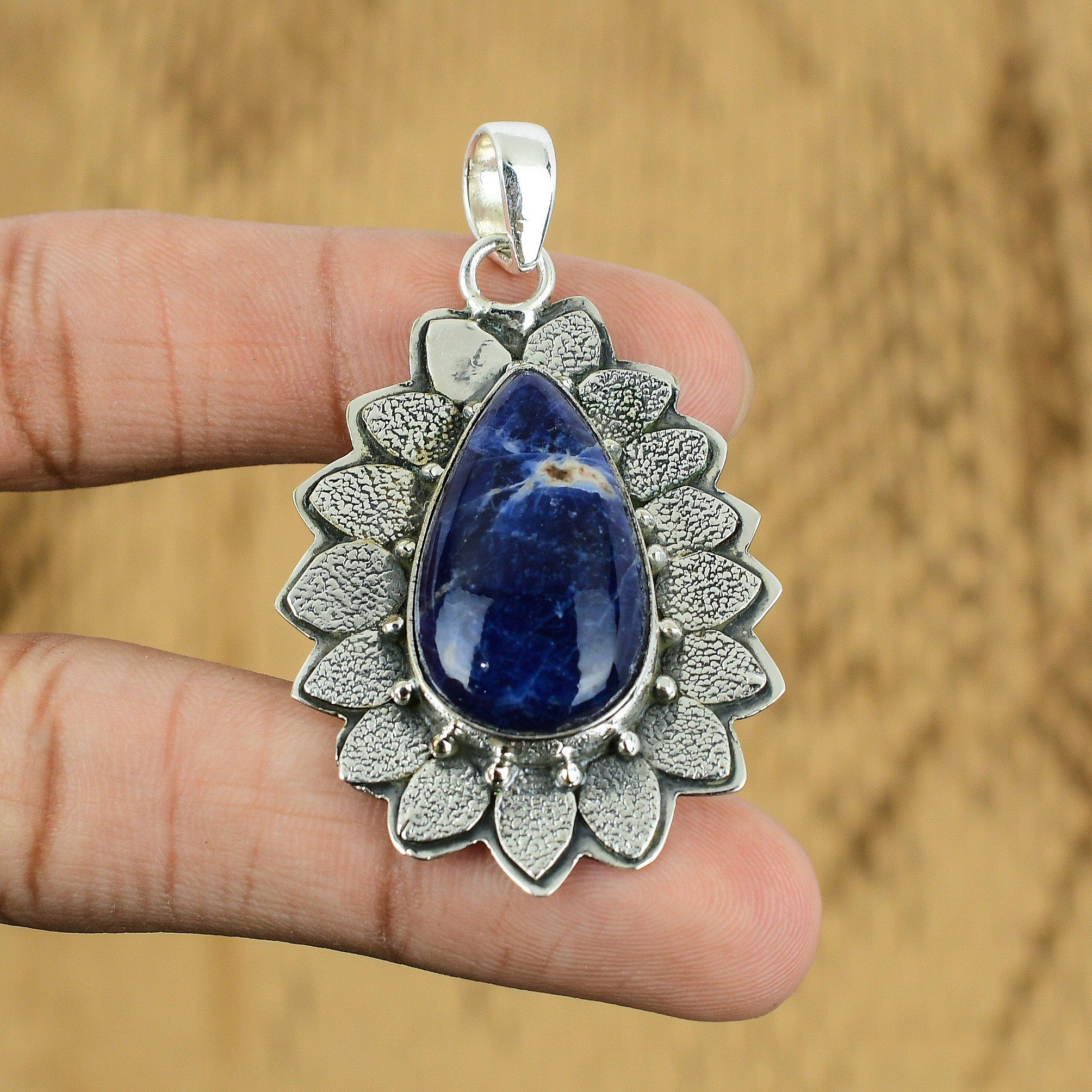 

Natural Sodalite Gemstone Pendant Handmade 925 Sterling Silver Indian Jewelry