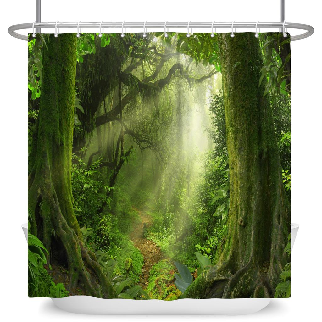 Garden Path Shower Curtain with 12 Hooks Realistic Forest Landscape Butterflies Waterproof Polyester Bathtub Bathroom Curtain