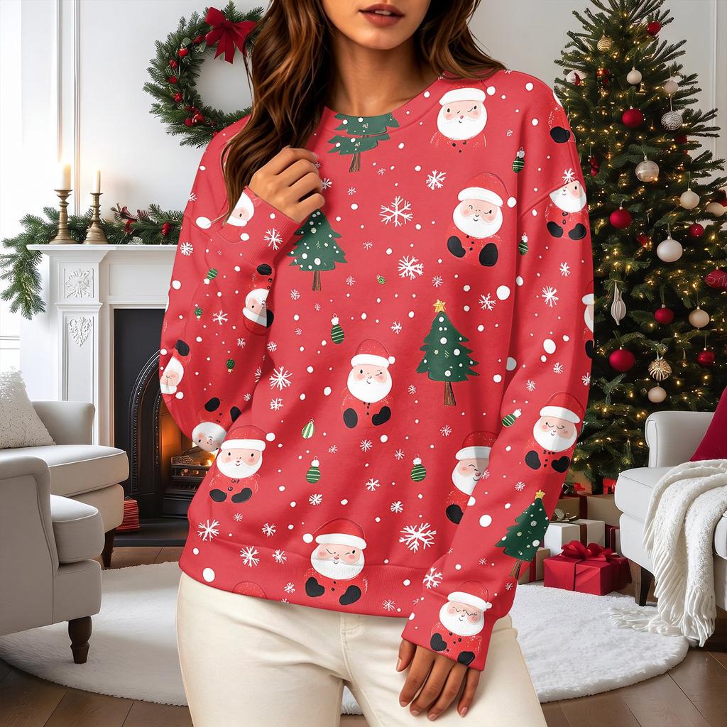 Women's Casual Long Sleeve Christmas Print Crewneck Sweatshirt Top for Fall and Winter