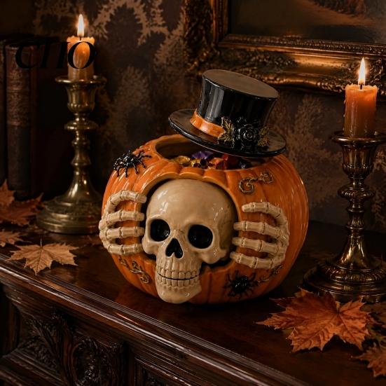 Resin Halloween Candy Bowl Skull Pumpkin Jar with Top Hat Lid, Decorative Creative Craft Gifts Storage Container, Desktop Organizer for Home