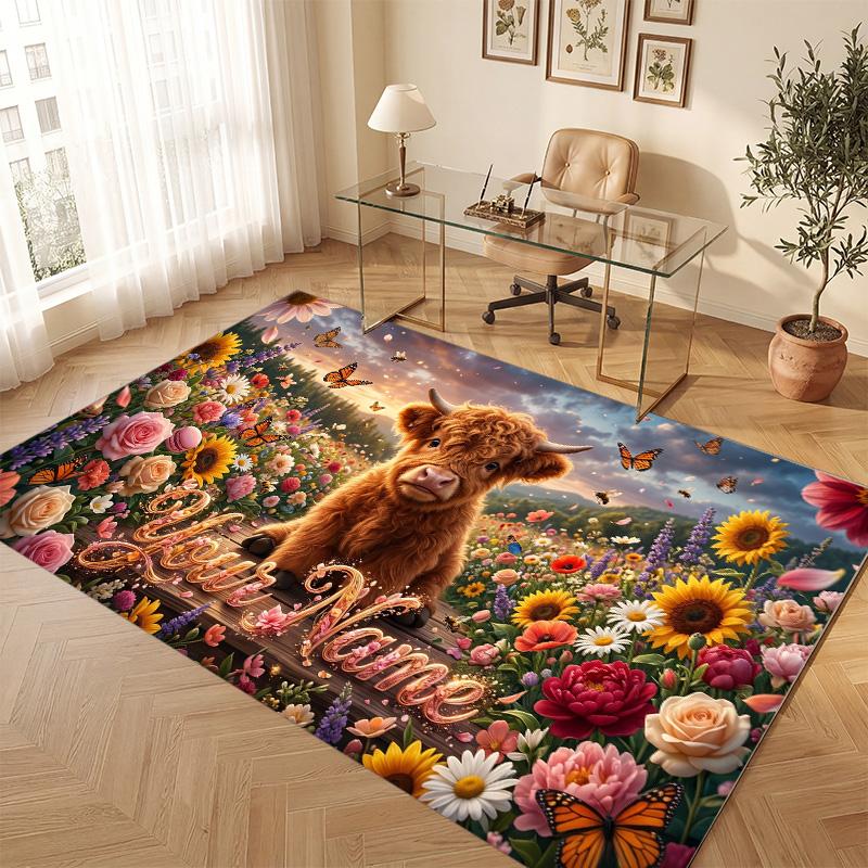 Highland Cow Theme Soft Crystal Velvet Rug Custom Name & Text Print Non Slip Floor Rug for Bedroom Living Room