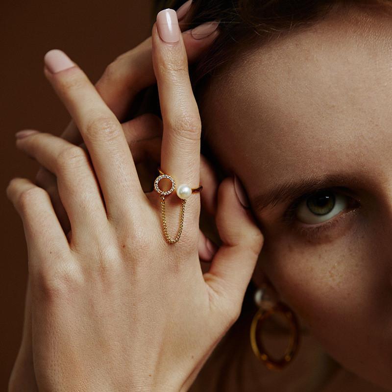 Elegant Adjustable Open Pearl Hollow Geometric Ring For Women In Korean Style