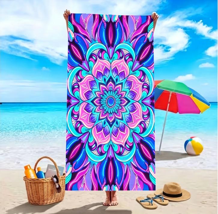 Large Microfiber Beach Towel, Colorful Mandala Print, Sand Free & Quick Dry, for Boho Style Summer Beach Use
