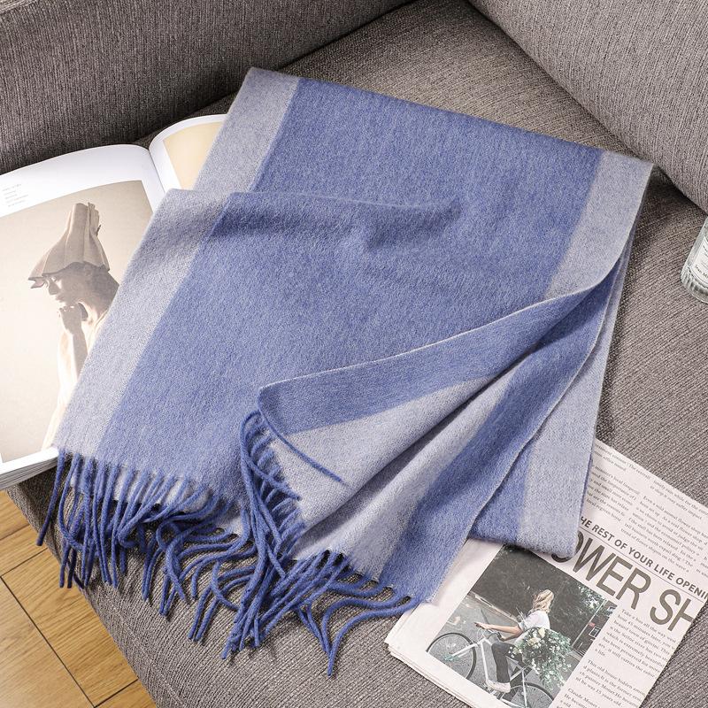 Autumn and winter 100wool wool scarf women's double-sided two-color striped scarf high-end fringed shawl scarf