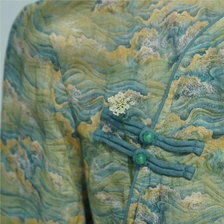 Vintage Floral Print Women T Shirts Chinese Style Loose Button Seven Sleeve Spring Tops