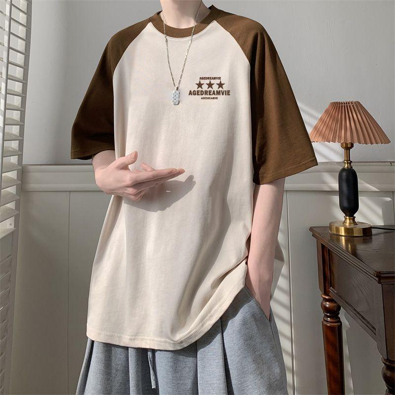 Summer Contrasting Colors T-shirts Casual Printed Letter Men's Clothing American Retro Fashion Patchwork All-match Pullovers New