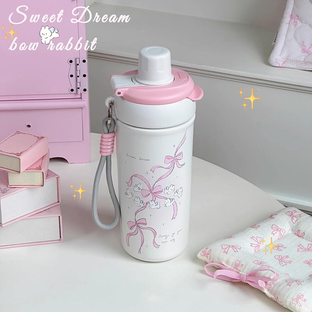 Cute Cat Bow Insulated Water Bottle With Straw Filter 500ml Stainless Steel Leak-Proof Thermos Kawaii Cat Bow Cups for Girl Kids