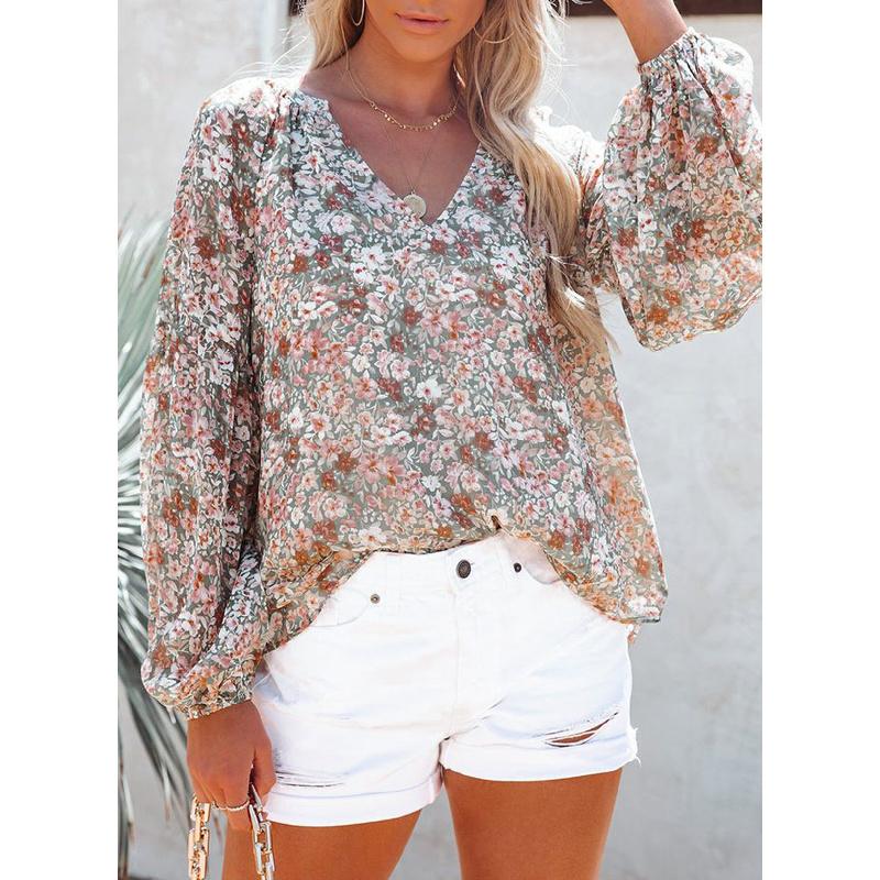 2026 New Spring and Autumn Women's V-neck Chiffon Top Lantern Sleeve Floral Casual T-shirt