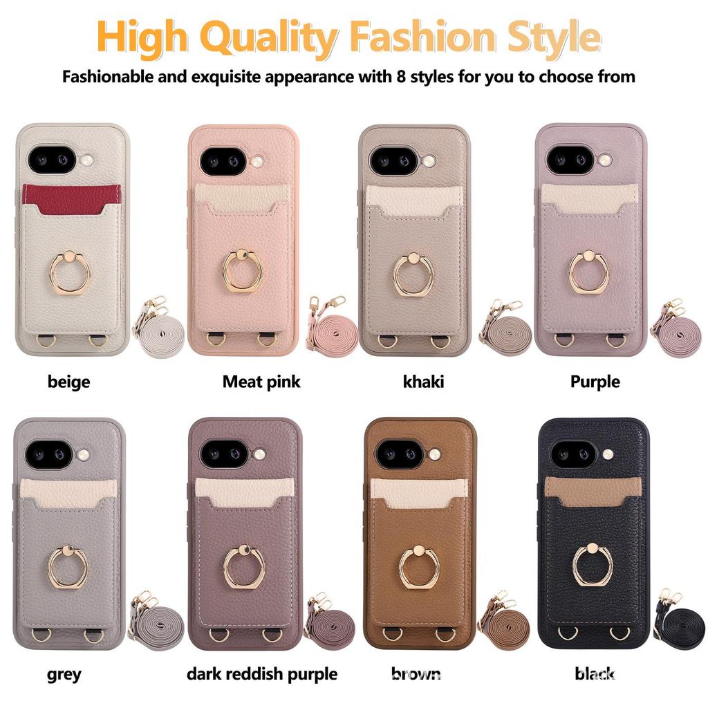 Skórzane etui na telefon z uchwytem na karty i smyczą dla Google Pixel 9a/10 Pro, wzór liczi, styl japoński i koreański