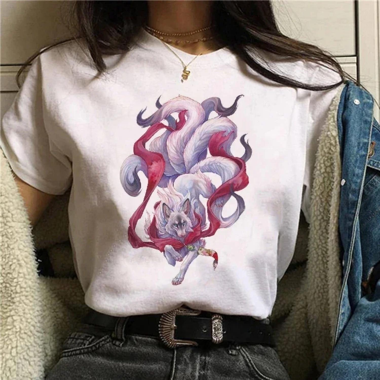 2024 New Kawaii Fox Printed T Shirt Women Hipster Cute T-shirt Female Fashion Seasons Harajuku White 0-neck Tops Tshirt Clothing S
