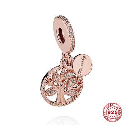 S925 Silver Color Family Tree of Life Charm Rose Gold Bead Fit Original Fashion Charm Bracelet Pendant DIY Jewelry for Women