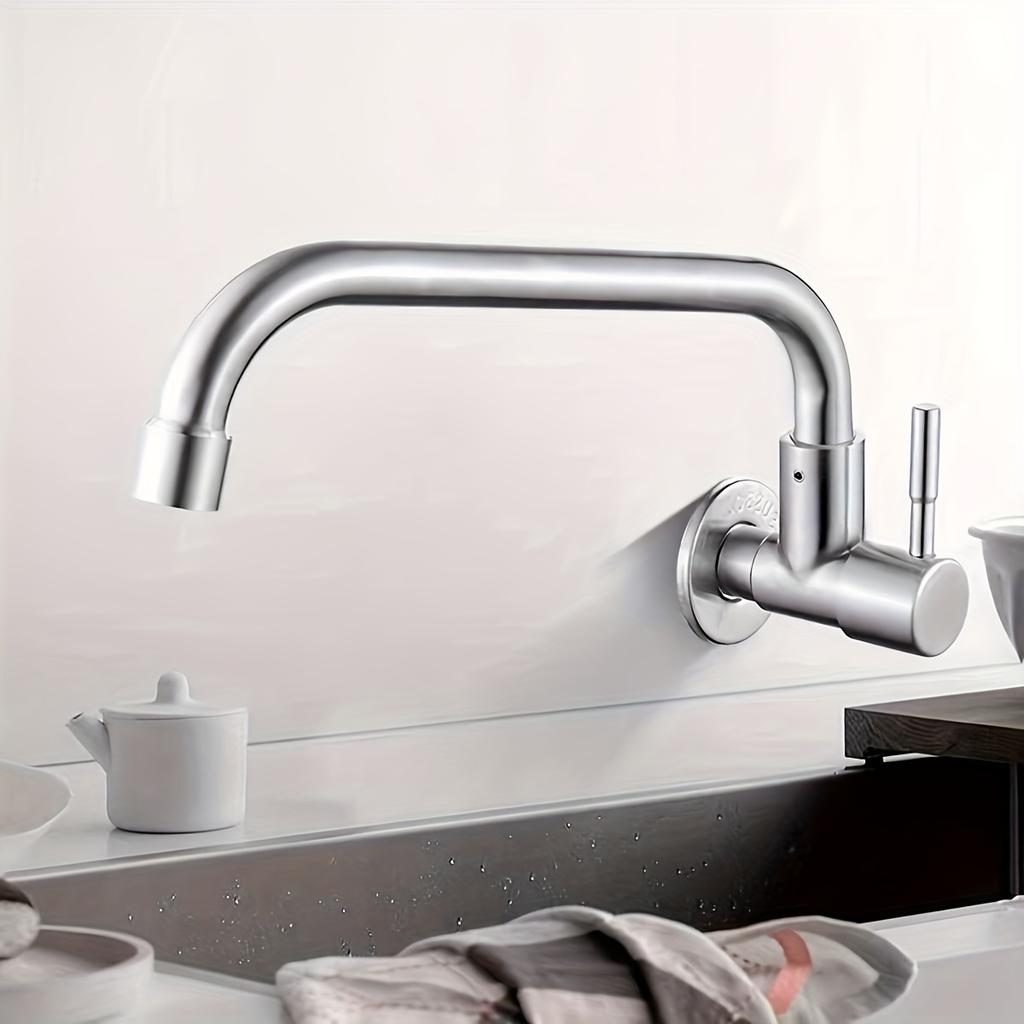 1pc SUS304 Stainless Steel Splash-Proof Faucet Brushed Finish Wall-Mounted Single Cold Faucet with Valve Core, Classic Design for Kitchen Sink Faucet